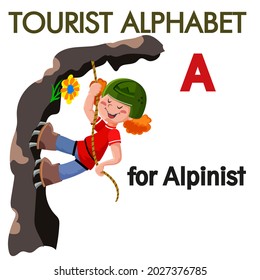  Letter A For Alpinist For Kids Alphabet. Kit Tourist ABS. Colorful Flat Illustration For Web, Booklet, Childrens Book, Flyer With A Climbing A Mountain On A Rope Wearing A Green Helmet A Boy Alpinist