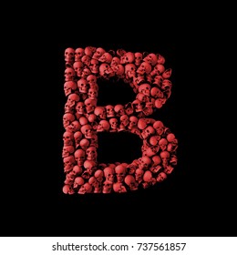 Letter B Red Skull Font. Type Made From Skulls. 3D Rendering