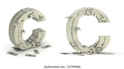 Letter C, alphabet from dollars  paks on white background