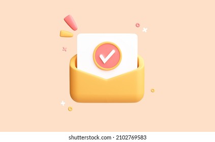 Letter With A Check Mark Or Confirmation In An Open Envelope. Approval Concept. Realistic Icon. Isolated On Background. 3D Rendering