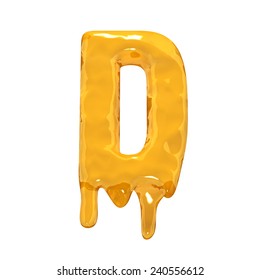 Letter D. Honey alphabet isolated over white. Orange liquid splash alphabet.