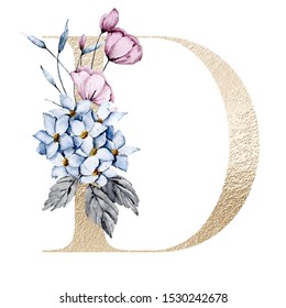 Letter D Watercolor Flowers Leaves Gold Stock Illustration 1530242678 ...