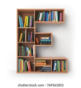 Letter E. Alphabet in the form of shelves with books isolated on white. 3d illustration