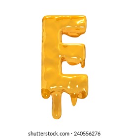 Letter E. Honey alphabet isolated over white. Orange liquid splash alphabet.