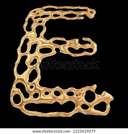 Letter E made of gold drops isolated on black background. 3d rendering.