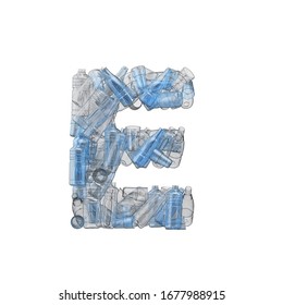 Letter E Made From Plastic Bottles. Plastic Recycling Font. 3D Rendering