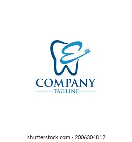Letter E Teeth and toothbrush Logo; Modern, unique, simple and techie lettermark tooth logo for dentist, orthodontics and toothpaste brand. Conveys sleek, cool, stylish and professional services.