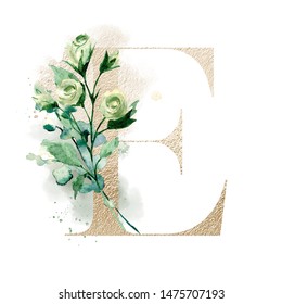 Letter E Watercolor Leaves Floral Gold Stock Illustration 1475707193 ...