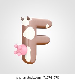 Letter F uppercase imitating cow. 3D render brown font with white dots skin pattern, brown horns and pink udder isolated on white background. - Shutterstock ID 710744770