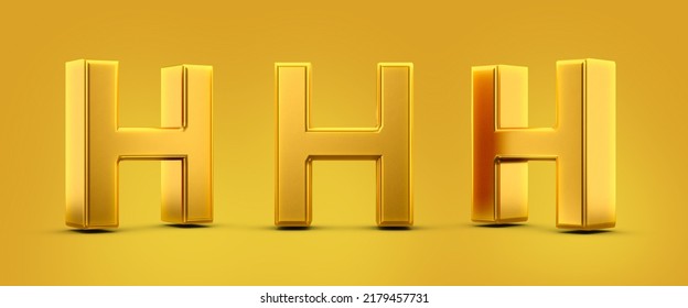 Letter H In 3d Metal Gold With Shadow Caster And Yellow Background