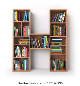 Letter H. Alphabet in the form of shelves with books isolated on white. 3d illustration