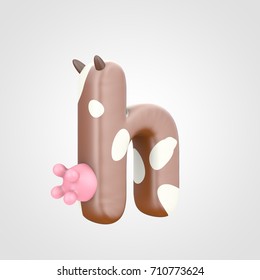 Letter H lowercase imitating cow. 3D render brown font with white dots skin pattern, brown horns and pink udder isolated on white background. - Shutterstock ID 710773624
