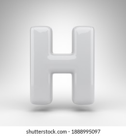 Letter H uppercase on white background. White plastic 3D rendered font with glossy surface.