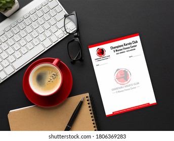 Letter Head Mockup With Table And Spectacles And Diary And Keyboard And Coffee Cup And Pdn