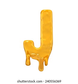 Letter J. Honey alphabet isolated over white. Orange liquid splash alphabet.