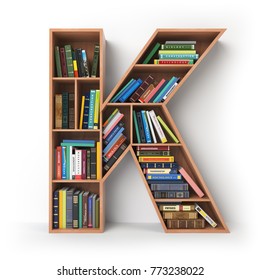 Letter K. Alphabet In The Form Of Shelves With Books Isolated On White. 3d Illustration
