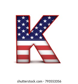 Letter K Stars And Stripes American Flag Lettering Font. 3D Rendering