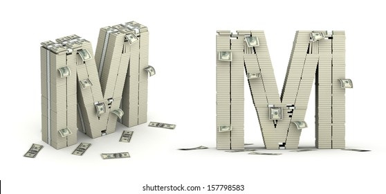 Letter M, alphabet from dollars on white background