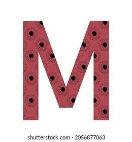 Letter M of the alphabet made with a pattern of sunflowers with a dark pink background, isolated on a white background