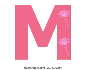 Letter M of the alphabet made with pink flower silhouette in a dark pink background, the letter is isolated on a white background