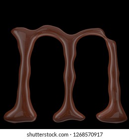 Letter m from chocolate droplets  Isolated black background  3d rendering 