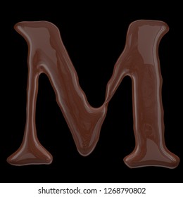 Letter M from chocolate droplets  Isolated black background  3d rendering 
