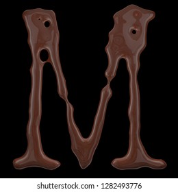 Letter M from chocolate droplets  Isolated black background  3d rendering 