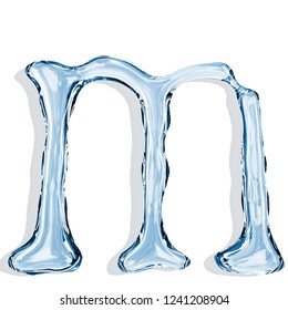 Letter m from clear transparent bluish water droplets  Isolated white background  3d rendering 