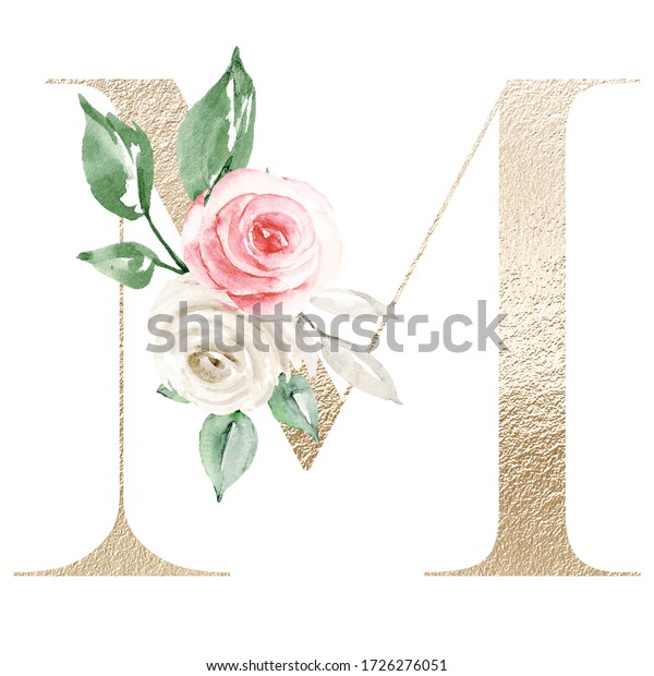 Letter M Gold Watercolor Flowers Roses Stock Illustration 1726276051 ...