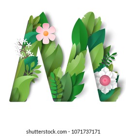 Letter M with leaves and flowers. Realistic shadows.