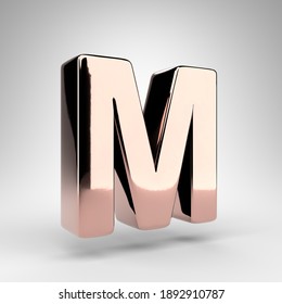 Letter M Uppercase On White Background. Rose Gold 3D Rendered Font With Gloss Chrome Surface.