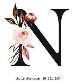 Letter N Floral Letterhead Alphabet Watercolor Stock Illustration ...