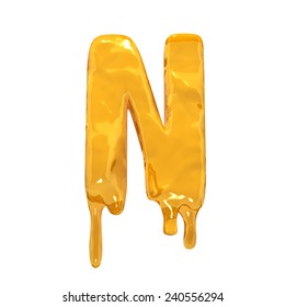 Letter N. Honey alphabet isolated over white. Orange liquid splash alphabet.