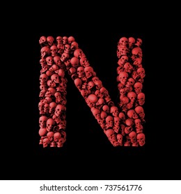 Letter N Red Skull Font. Type Made From Skulls. 3D Rendering