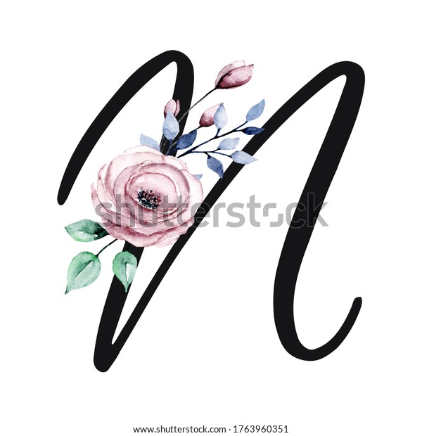 Letter N Watercolor Flower Leaves Letterhead Stock Illustration 1763960351