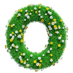 Buchstabe O Von Grünem Gras Und Blumen. Einzeln Auf Weißem Hintergrund. Schriftart Für Ihr Design. 3D-Illustration