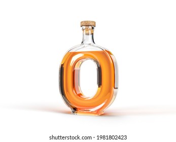 Letter O shaped bottle with whisky inside. 3d illustration, suitable for font, alcohol and drinking themes