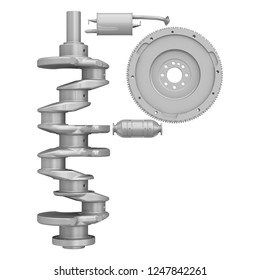 Letter P from car parts. The letter of the alphabet -P- composed of a crankshaft, a flywheel and elements of the vehicle engine exhaust system. Isolated. 3D Illustration