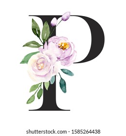 Letter P Floral Alphabet Watercolor Flowers Stock Illustration ...