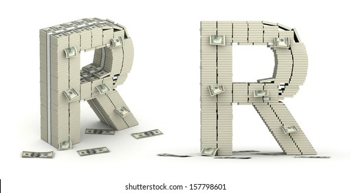 Letter R, alphabet from dollars on white background