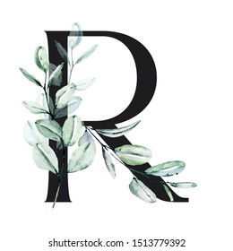 Letter R Floral Alphabet Watercolor Leaves Stock Illustration Shutterstock