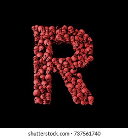Letter R Red Skull Font. Type Made From Skulls. 3D Rendering