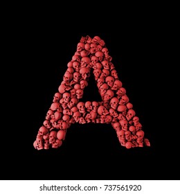 Letter A Red Skull Font. Type Made From Skulls. 3D Rendering