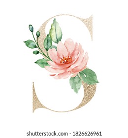 Letter s, gold letter, floral alphabet with watercolor flowers. Monogram initials perfectly for wedding invitation, greeting card, logo, poster. Holiday decoration hand painting.
