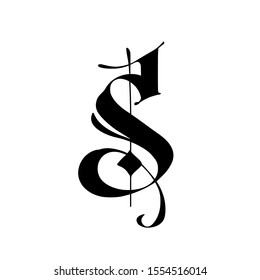 Letter S, in the Gothic style.  Alphabet. The symbol is isolated on a white background. Calligraphy and lettering. Medieval Latin letter. Logo for the company. Monogram. Elegant font for tattoo.