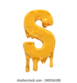 Letter S. Honey alphabet isolated over white. Orange liquid splash alphabet.