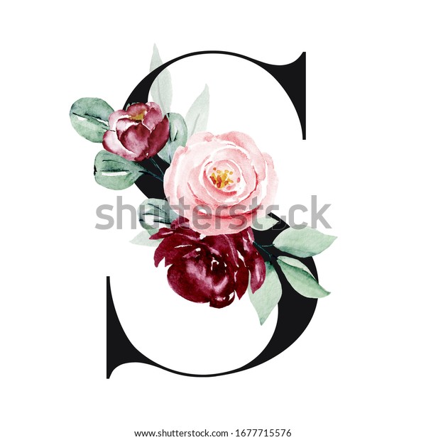 Letter S Monogram Wedding Watercolor Flowers Stock Illustration ...