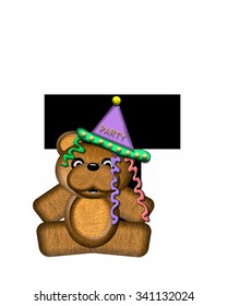 The letter T, in the alphabet set "Teddy Birthday," is black.  Teddy bear, party hat, and balloons decorate letter.