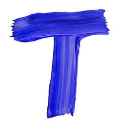The Letter T Drawn With Blue Paints On A White Background. Acrylic Color, Thick Brush, Paper. Graffiti Style.