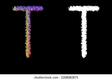 Letter T Made Of Smoke Illuminated By Colored Lamps, Isolated On Black With Clipping Mask, 3d Rendering